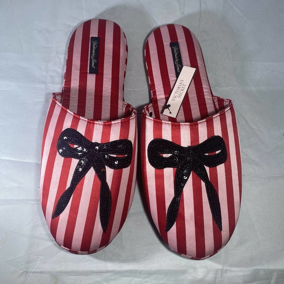 Victoria Secret Strip Bow Satin Slippers L Sz 9-10 - Picture 1 of 6